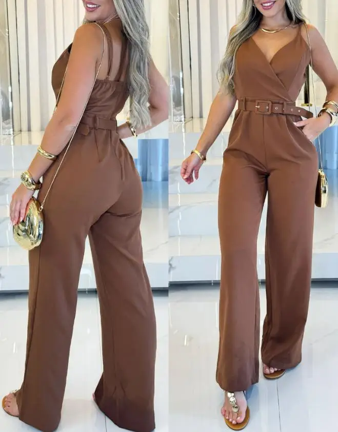 

Women's Romper 2025 Spring Summer Latest Solid Color Slim Shoulder Strap V-Neck Back Zipper Jumpsuit Casual Pocket Bodysuit