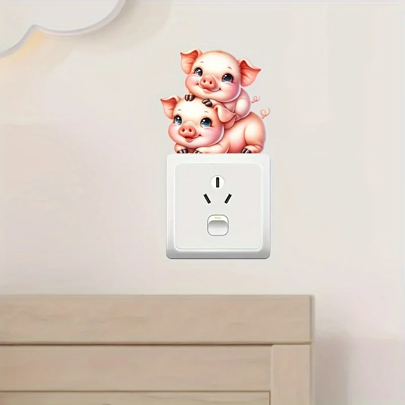 Cute Two Pigs Switch Button Wall Sticker For DIY Home Decoration Cartoon Animals Waterproof Decals PVC Mural Art M1633