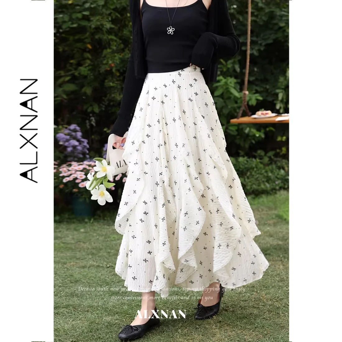 

ALXNAN Elegant Floral Midi Skirt Women Summer French Style Irregular Hem A-line Casual Holiday Beach Long Skirts Female L63118