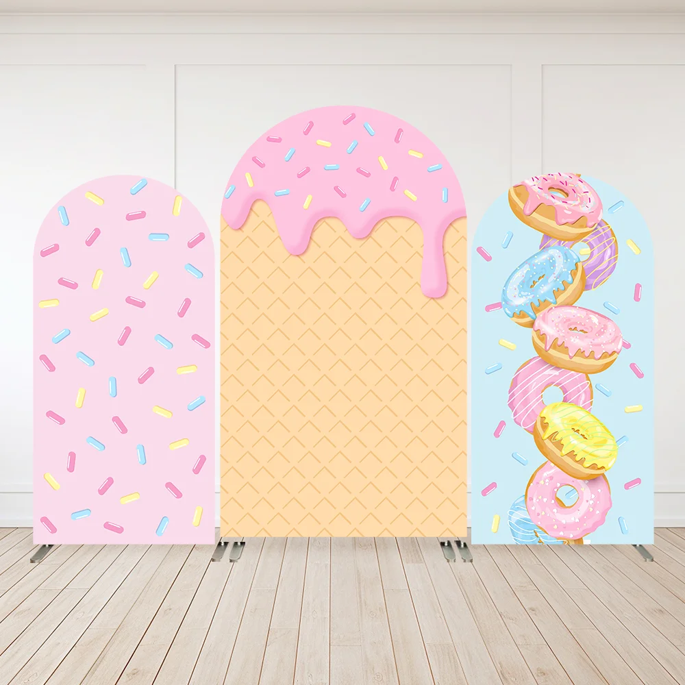 لطيف الوردي الحلوى موضوع قوس خلفية غطاء الفتيات استحمام الطفل دونات حفلة عيد ميلاد جدار التصوير الخلفيات طيدة يغطي أطقم