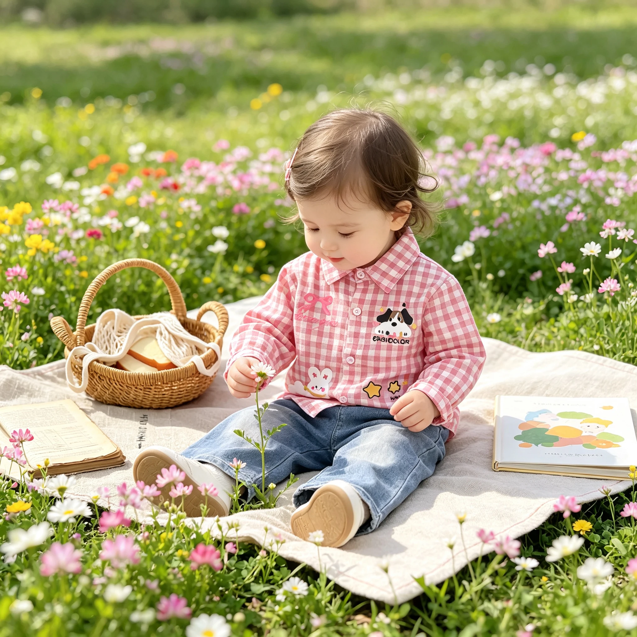 Baby Toddler Girl 2Pcs Casual Outfit Pink Plaid Long Sleeve Shirt Cartoon Print Denim Jeans Pants Spring Autumn Kids Clothing