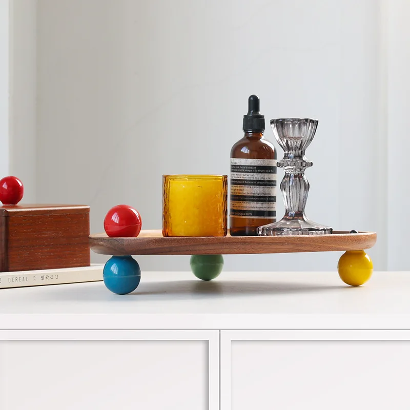 Colorful Ball Leg Wood Tray Modern Decorative Display Stand for Candles, Perfume, Jewelry Stylish Home Decor with Retro Vibe