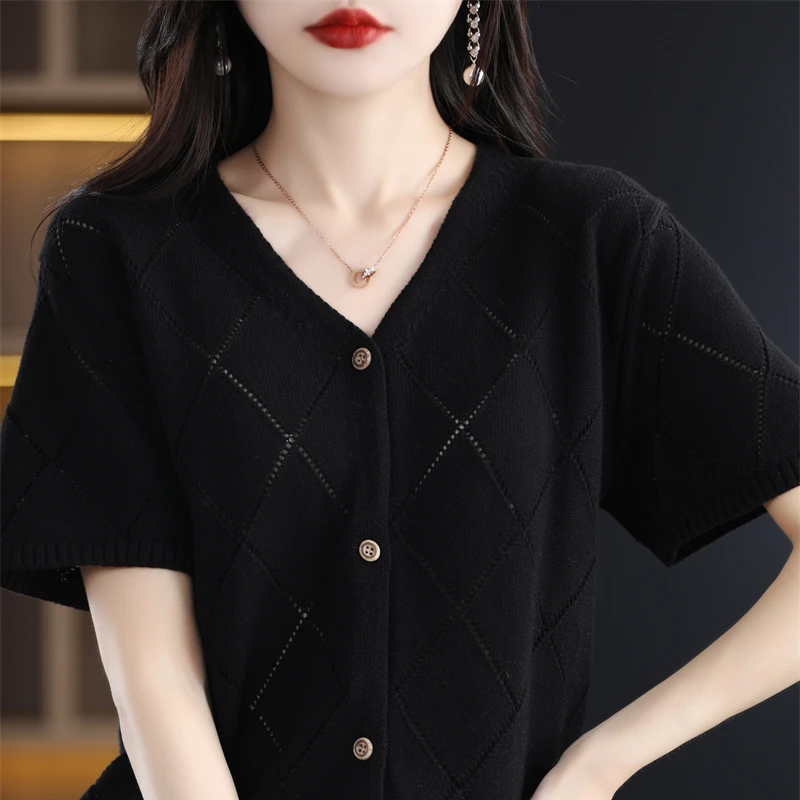 Women\'s T-shirt Spring/Summer 100% Cotton Sweater Short Sleeve Solid Color V-Neck Ladies Tops Loose Blouse Hollow Cardigan Tees