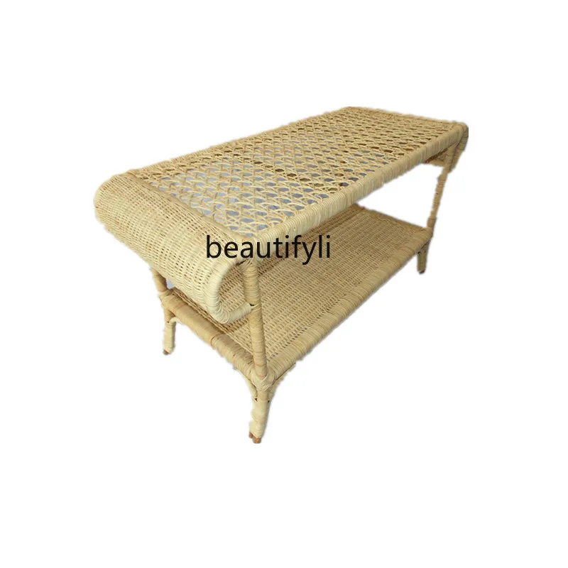 

Rattan Furniture Handmade Rectangular Double-Layer Storage Wild Plant Cane Tea Table