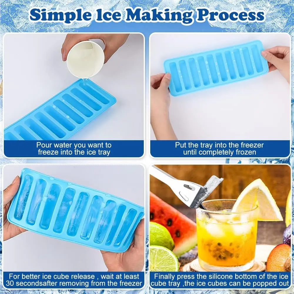 Narrow Ice Stick Cubes Tray 10 Cavities Long Strip Easy Push Pop Out Multicolor for Sports and Water Bottles