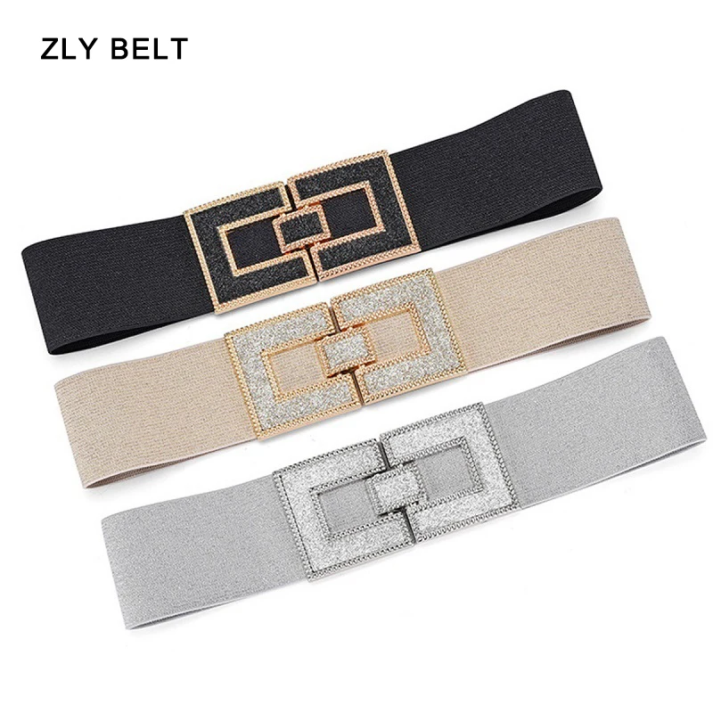 ZLY 2024 New Fashion Waistband Women Elastic PU Leather Golden Diamond Jewel Buckle Luxury Elegant Dress Coat Style Waist Band