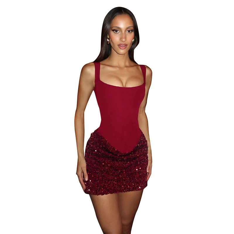 Pailletten spaghettibandjes slanke mouwloze bodycon-jurk voor dames effen patchwork glamour avondfeest vakantie Kerstmis Nieuwjaar