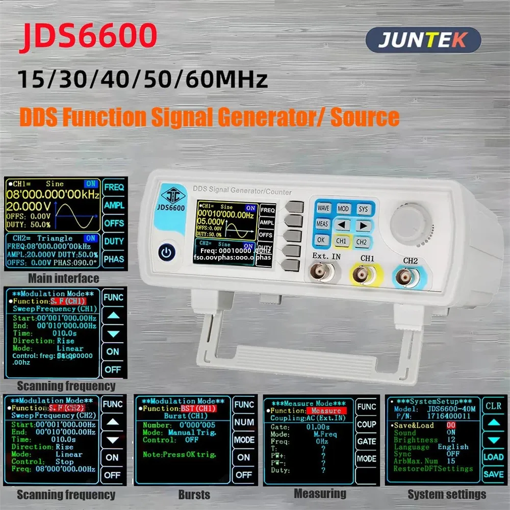 JDS6600 15/30/40/50/60MHz Generator sygnału funkcji DDS/Źródło podwójny/2-kanałowy miernik częstotliwości Generator impulsów przebiegu arbitralnego