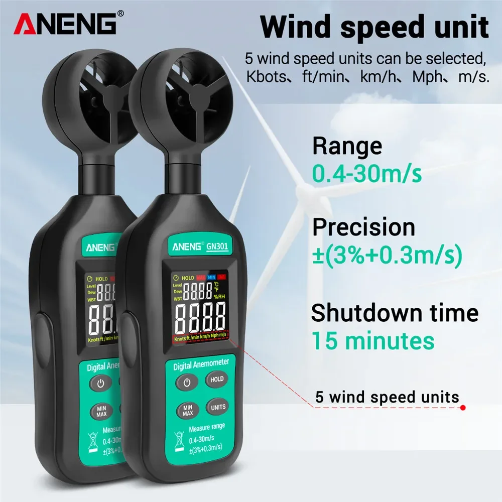 ANENG GN301 مقياس رقمي لشدة الرياح 0-30 متر/الثانية مقياس سرعة الرياح-10 ~ 45C جهاز قياس درجة الحرارة Anemometro مع LCD الخلفية عرض