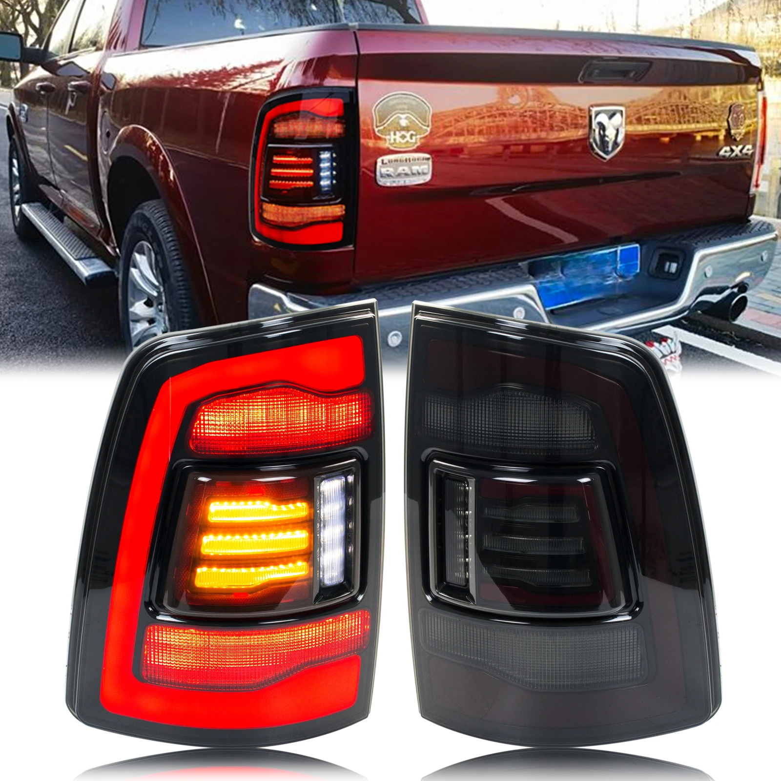 LED-Rückleuchten-Baugruppe für Dodge Ram 1500 2500 3500 2009–2018, sequentielles Blinker, dynamische Animation, schwarze Rückleuchten
