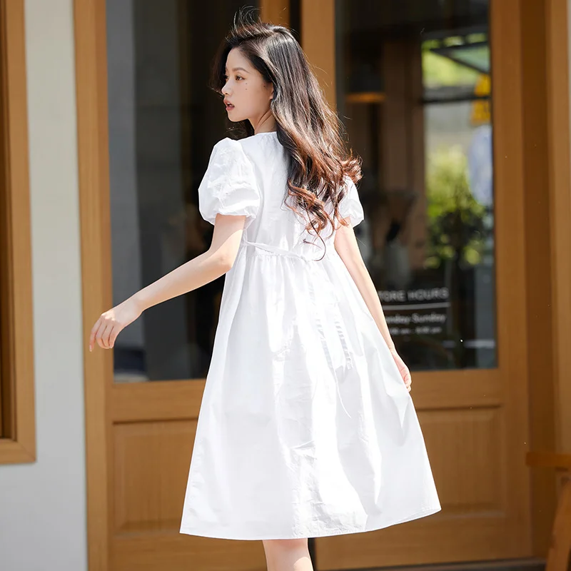 Semir Women Dress Stitching Fake Two Pieces White Bubble Sleeves 2023 Summer New Loose Cut-Out Dress Temperament