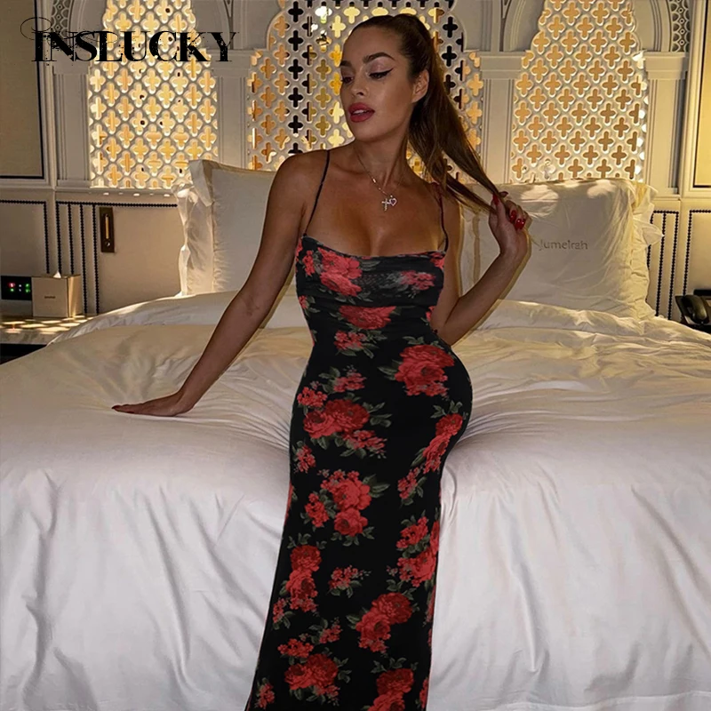 

InsLucky Vintage Red Floral Backless Bandage Midi Dress Women Mesh Patchwork Sleeveless Long Dresses Aesthetic Elegant Clothing