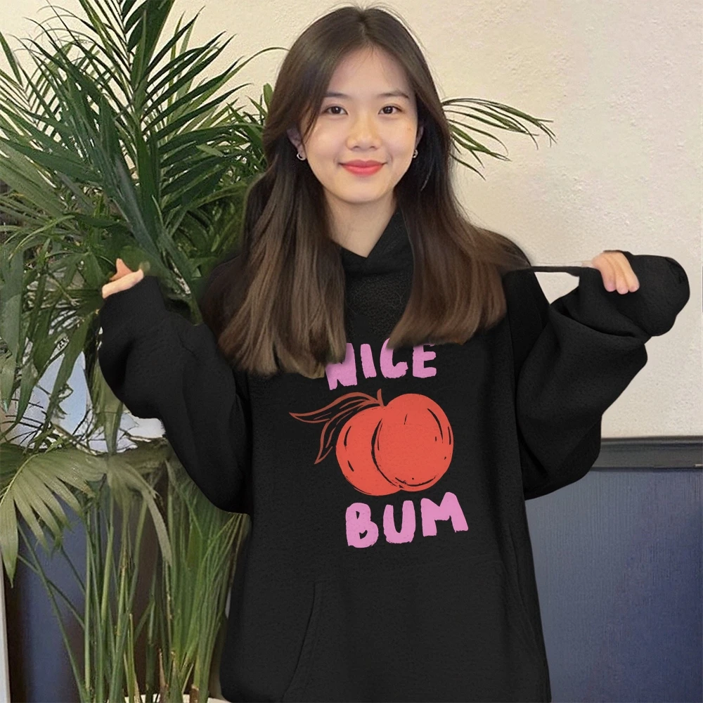 

Nice Bum Peach Hoodie Black Hoodie Funny Peach Text Graphic Casual Loose Long Sleeved Autumn Playful Style Comfortable Top