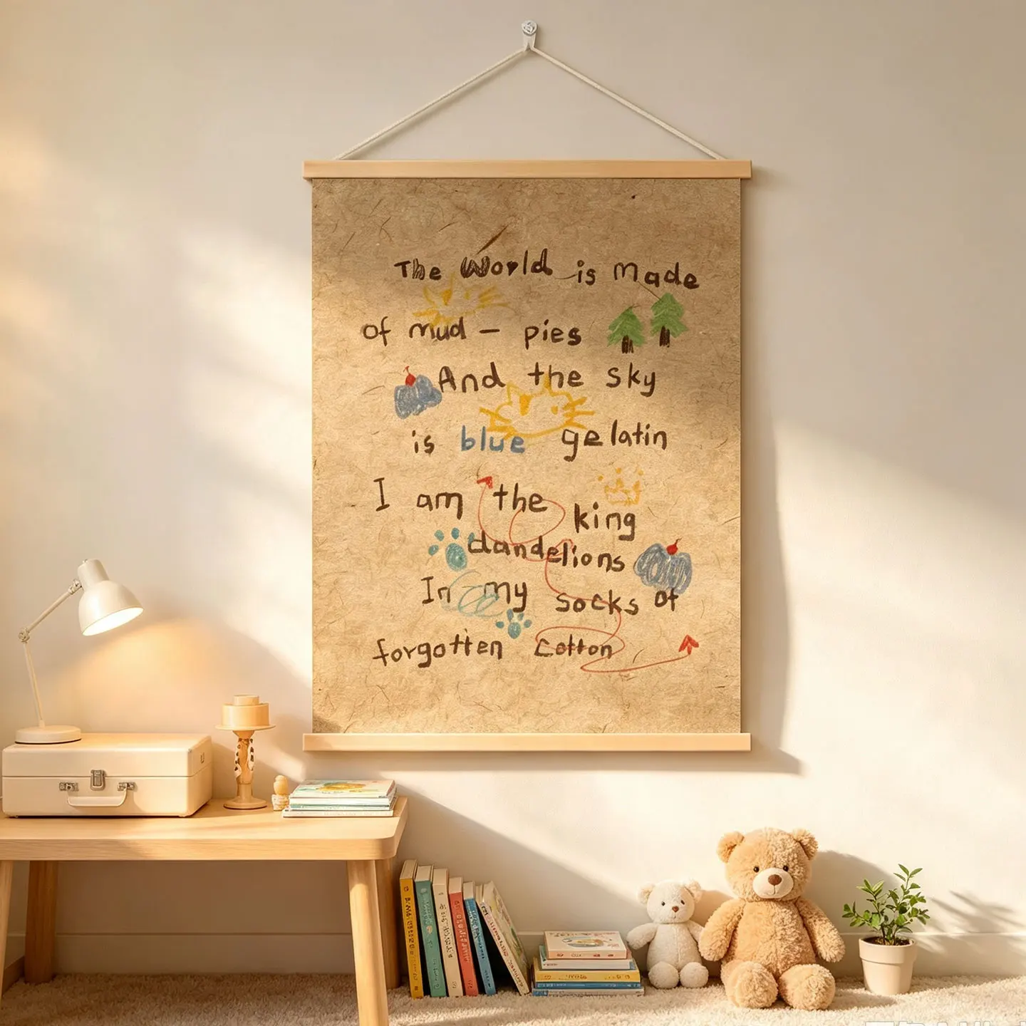 Handwritten Inspirational English Quote Solid Wood Scroll Painting With Frame, Cute Cat Canvas Painting Poster Hanging Kids Room