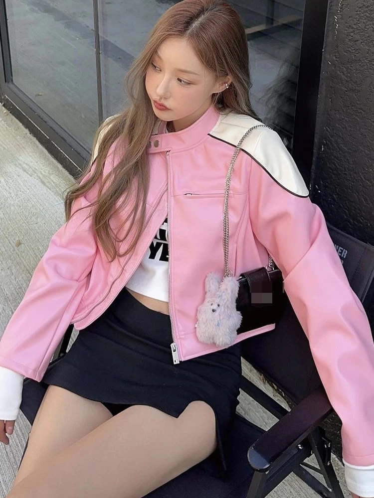 

Cool Sweet Sle Pink Leather Jaet Women's ort Motorcycle Jaet Spicy Girl Autumn Winter New Arrival Small Size PU Leath...