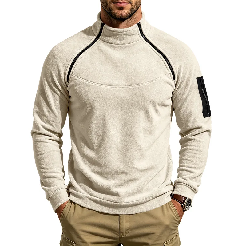 Herren Herbst-Winter Schwerlast-Fleece-Sweatshirt, Stehkragen, Doppelreißverschluss, Lose Warme Outdoor-Wander-Freizeitjacke – Detail 18