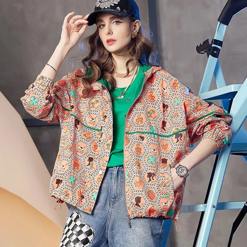 Women 2024 Spring/Summer New European Station Hooded Short Coat Female Western Style Colored Print Fashion Explosive Street Top