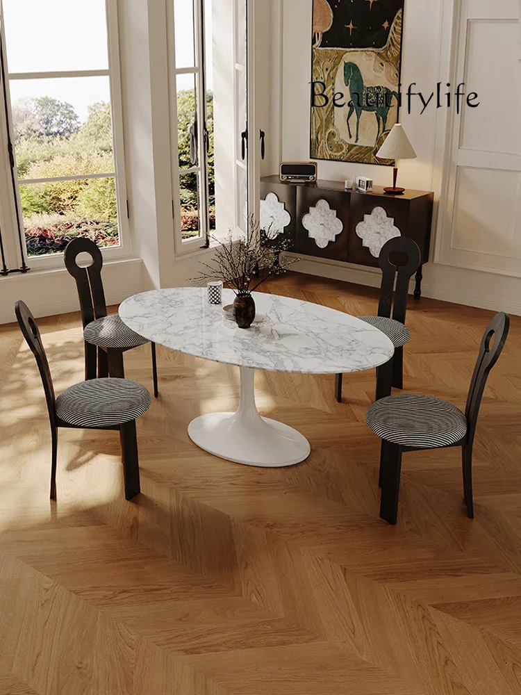 French Retro Natural Marble Dining-Table Oval Home Small Apartment Dining Table Dining Table