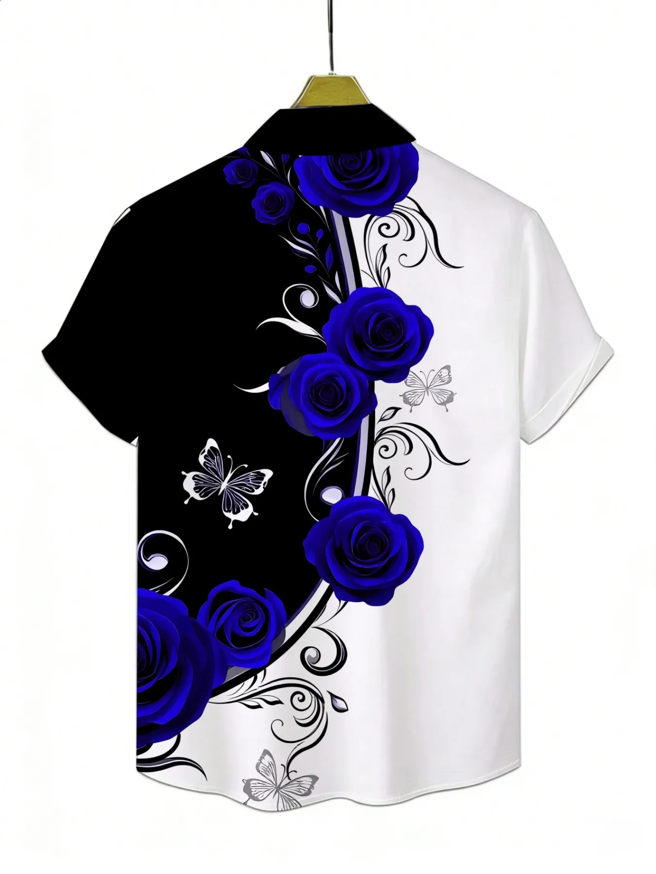 Men's Shirt Black White Color Block Blue Rose Butterfly Print Short Sleeve Lapel Loose Summer Street Casual Daily Mens Clothing