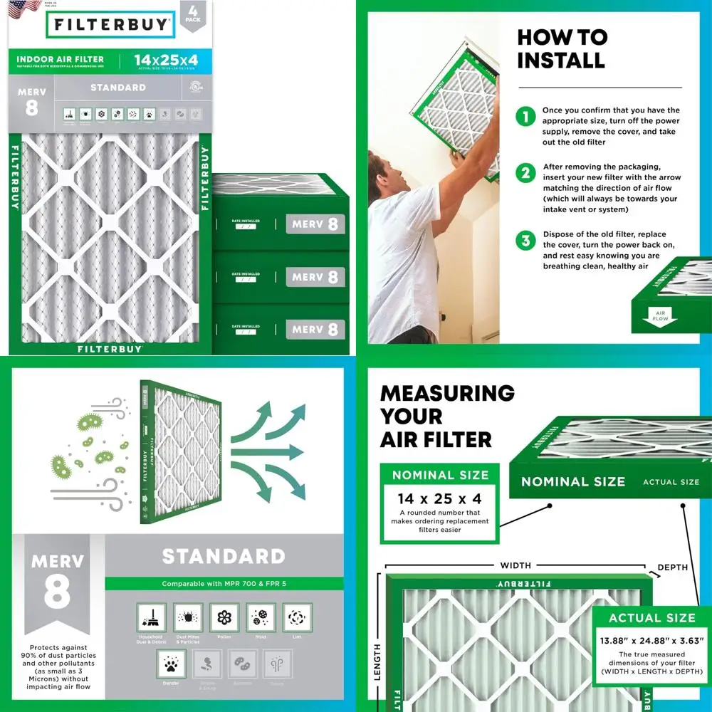 

Electrostatic Pleated Air Filters MERV 8 (MPR 700) HVAC AC Furnace Replacement 14x25x4, Dust Defense 4-Pack Filters for Home