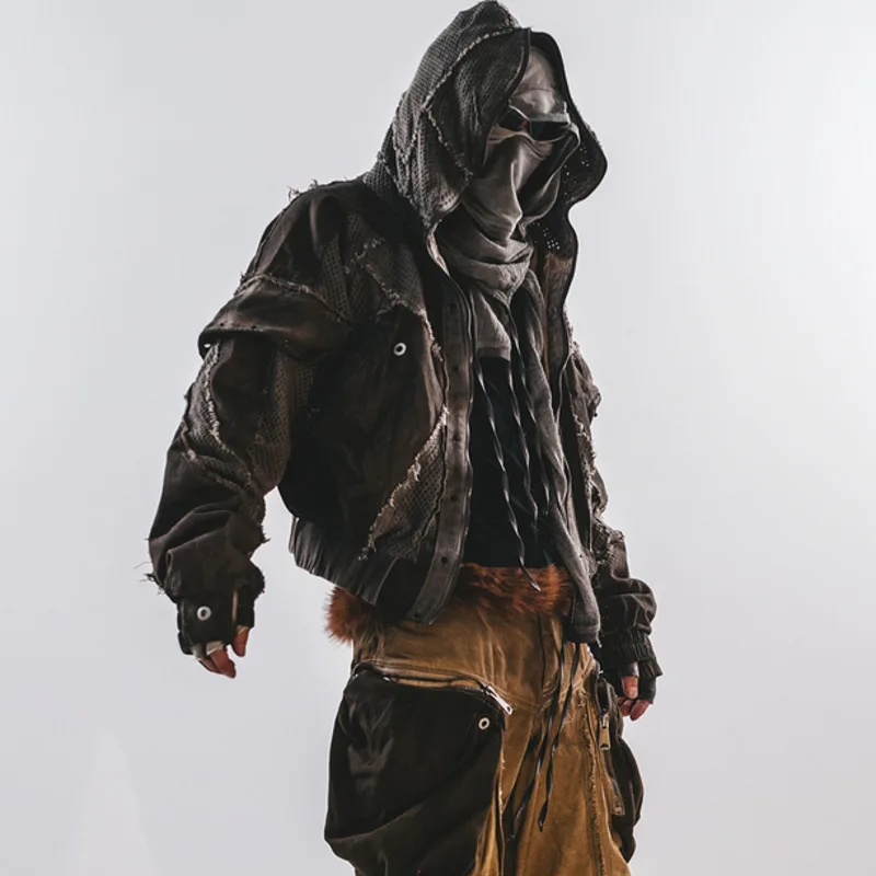 HKSH Spring Autumn Winter New Men Punk Tide Retro Washed Patchwork 3D Cut Hooded Watse Land Jacket Dark Avant-Garde Coat HK17060