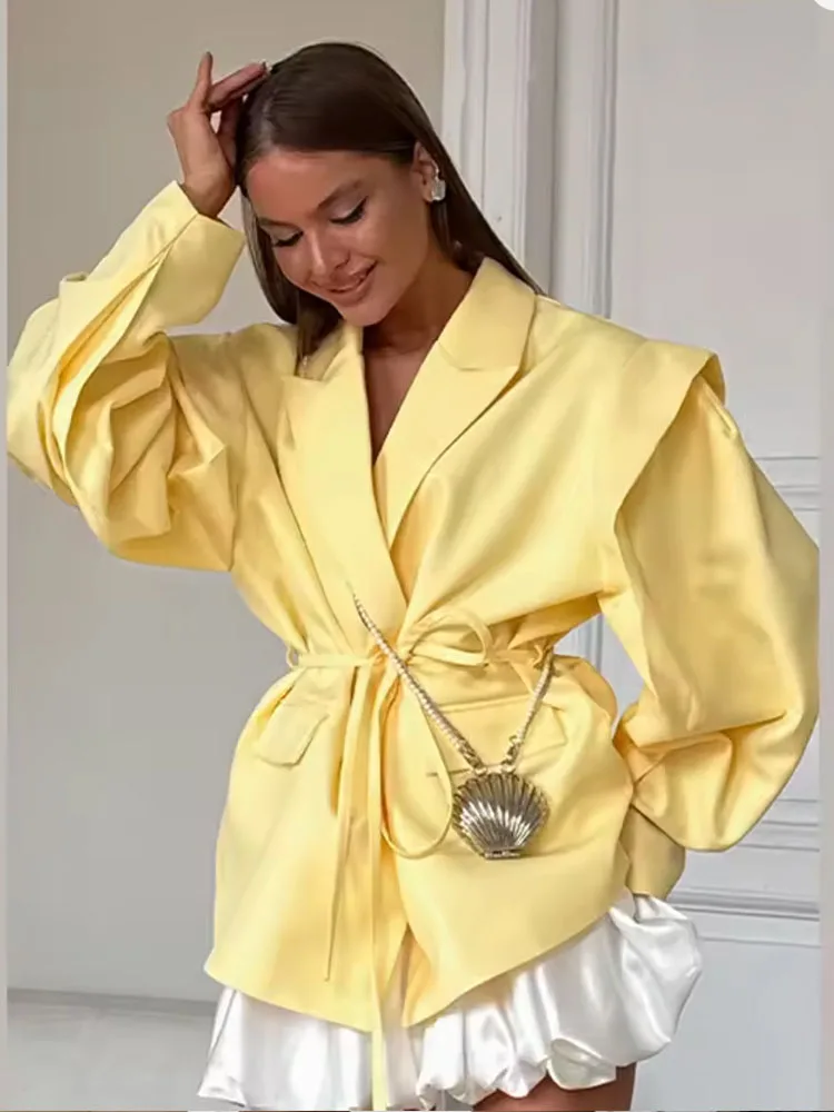 HH Women's New Fashion Waist-Close-Up Blazer Wide Shoulder Coat Female Elegant Lapel One-Buckle 6-Color Long Sleeve Jacket