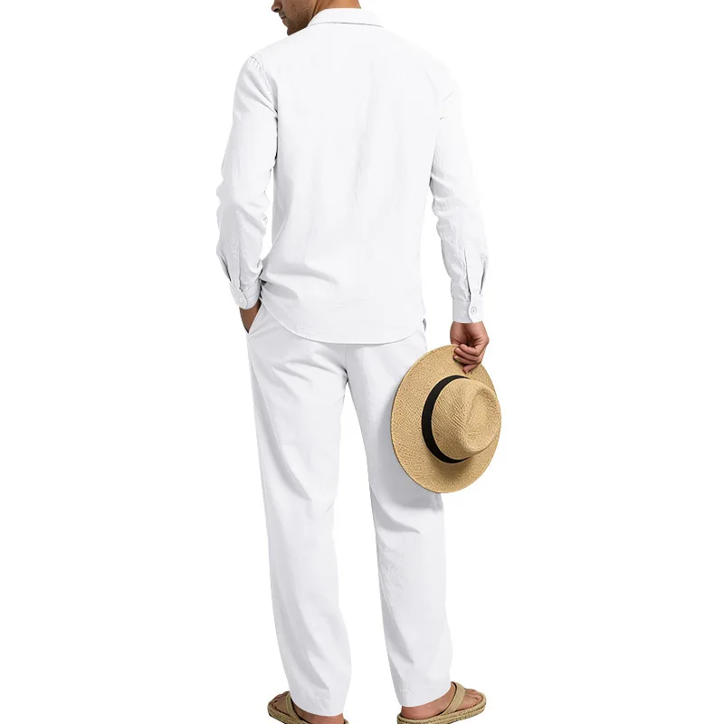 Europäisch-Amerikanisches Herren-Leinen-Freizeitset: Hemd mit Umlegekragen und Hose mit hohem Bund und Gürtel – Locker, atmungsaktiv, für Urlaub und Strand – Detail 7