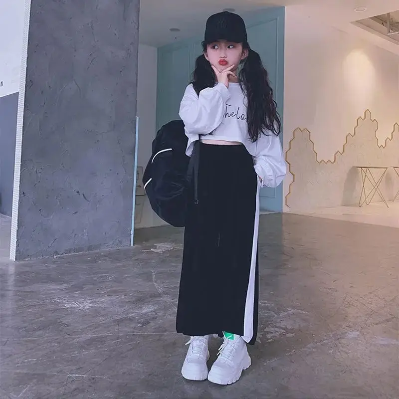 T-Shirt + striped wide leg Pants Suit Teenager 4 10 11 12 year 2026 spring Kids long sleeve Child Girls Clothes letter crop top