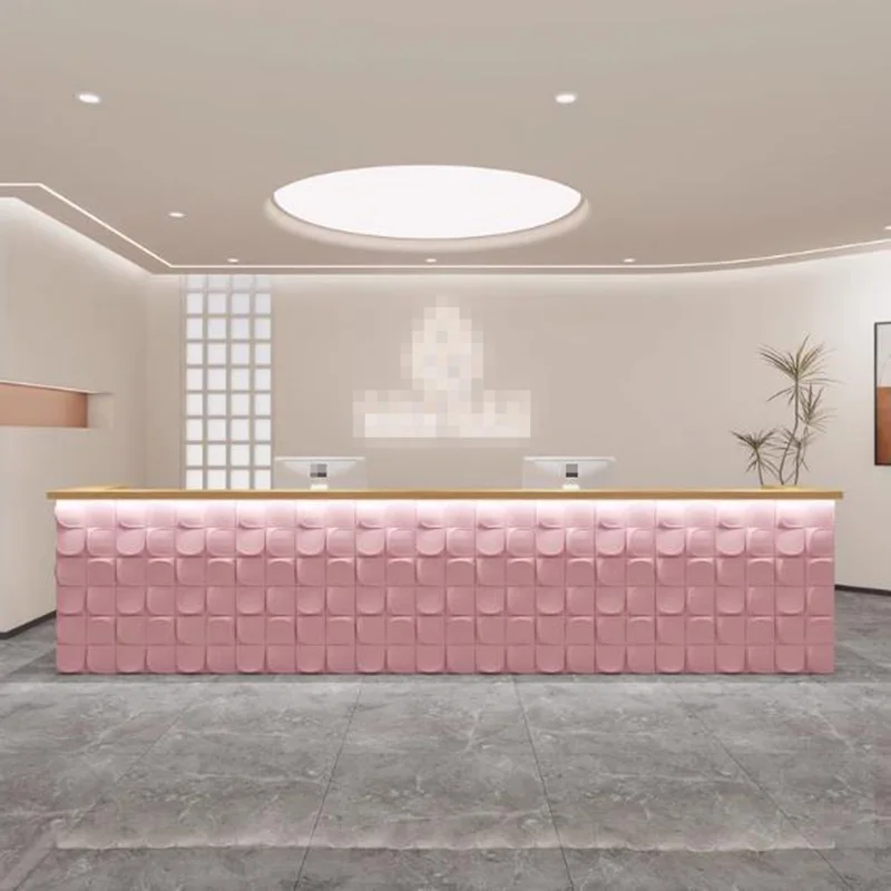 ترحيب مكاتب الاستقبال في الفندق تصميم الشركة مكاتب الاستقبال درج الزاوية أضواء LED الأثاث الأبيض Comptoy Accueil العصرية #4