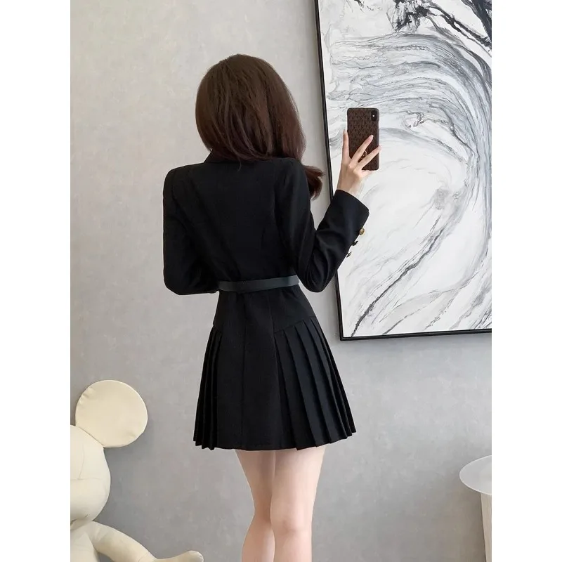 Lnsozkdg Autumn Blazer Dress 2024 Fashion Office Lady Elegant Long-sleeved Dress Women's Double Breasted Pleated Skirt Dresses