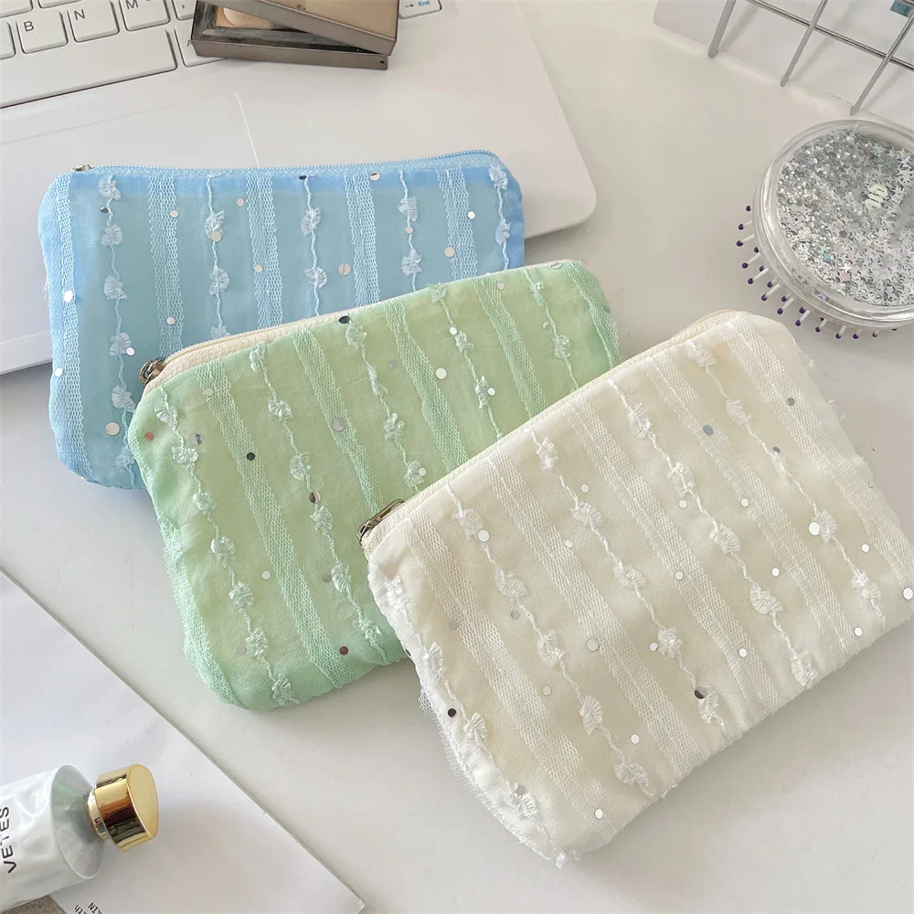 Sparkling 3D Chiffon Flower Coin Purse Wallet Key Earphone Pouch Coin Pouch Card Bag Driver's License Holder Girls Cute Purse