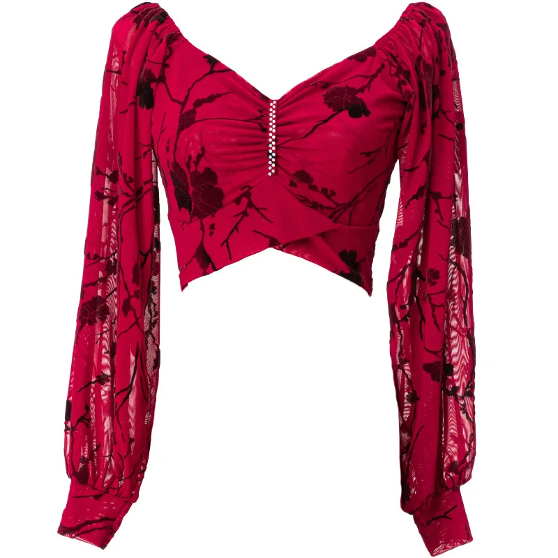 1pcs/lot woman fashion belly dance top lady print long sleeve pleated dance short top