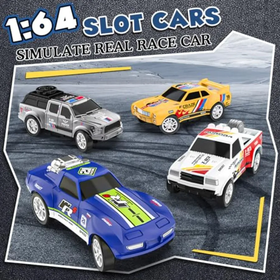 Slot Car Race Track Set for Home Use, Plastic and Metal, Red and Blue, Includes 4 Cars with Slope, Circular Overpass, Flash Bri