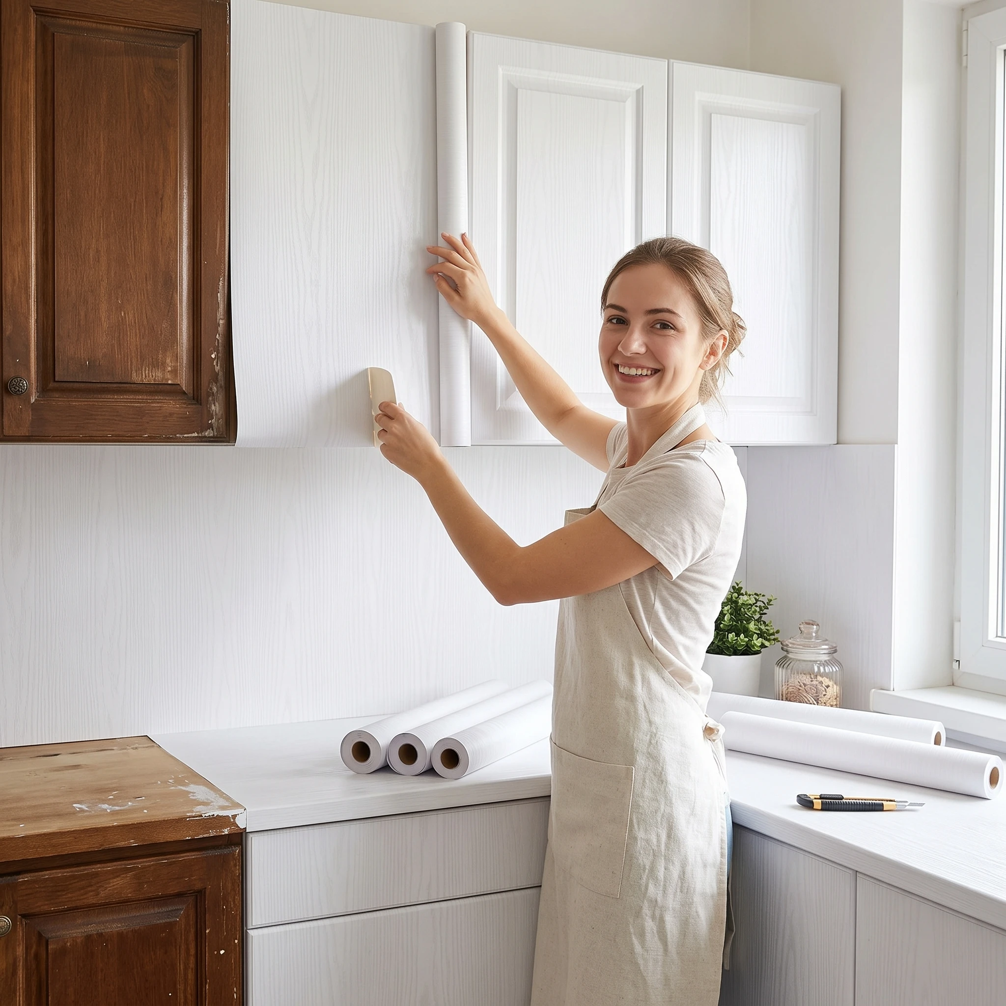 55CM Width White Wood Grain Self‑Adhesive Contact Paper Waterproof Removable Vinyl Film for Kitchen Cabinet Furniture Decoration