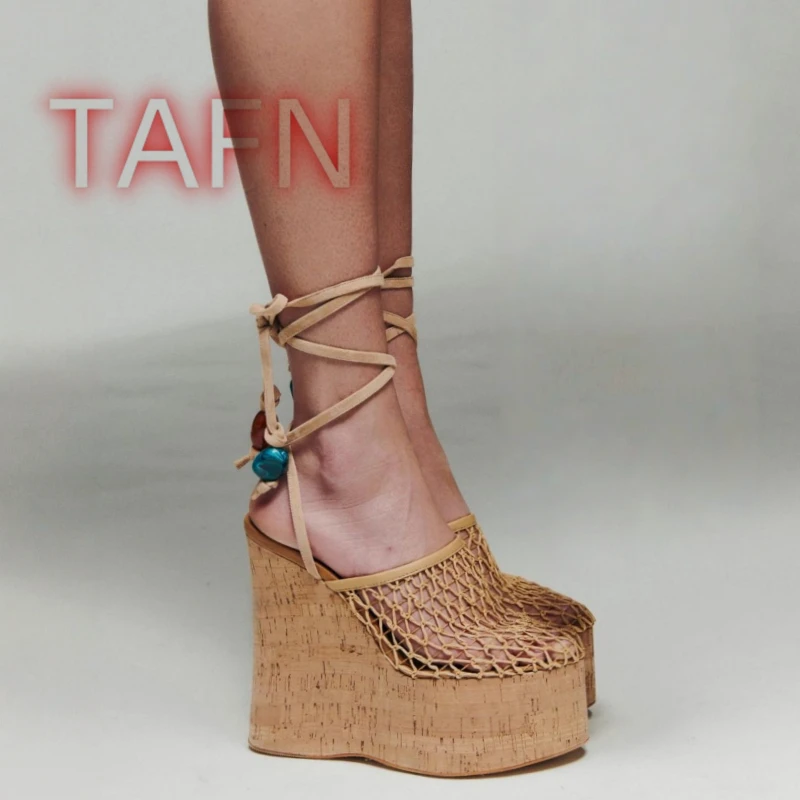 Women's Hollow Weave Platform Wedges, Ankle Wrap Lace Up Wedge Heels Sandals, Fashion Beach Platform Footwear for Daily Holiday