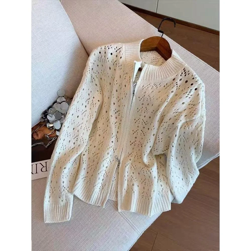 

Женский вязаный открытый кардиган на молнии, тонкий свитер с воротником-стойкой, осенний новый простой шерстяной длинный топ све