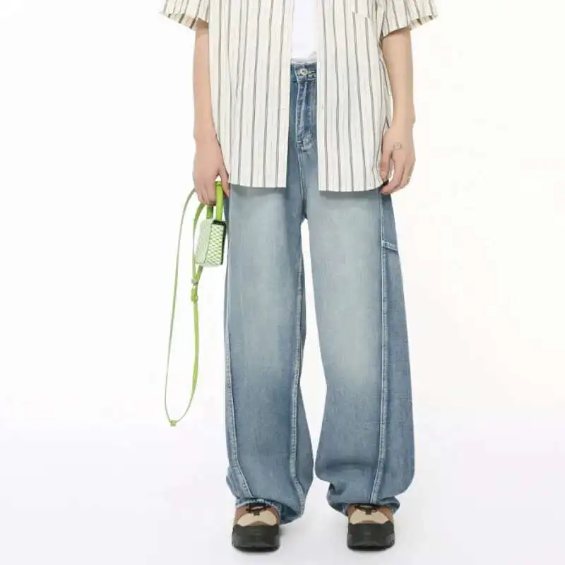 

Мужские джинсовые брюки в американском стиле, повседневные многоуровневые лоскутные прямые свободные широкие мужские джинсы, новый шик