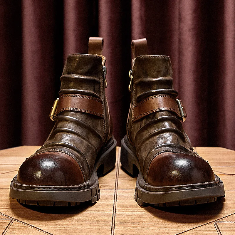 CLAIAMI New Handmade Punk Motorcycle Boots Men Cow Leather Chelsea Boots British Cowhide Tooling Ankle Men Boots Calzado Hombre