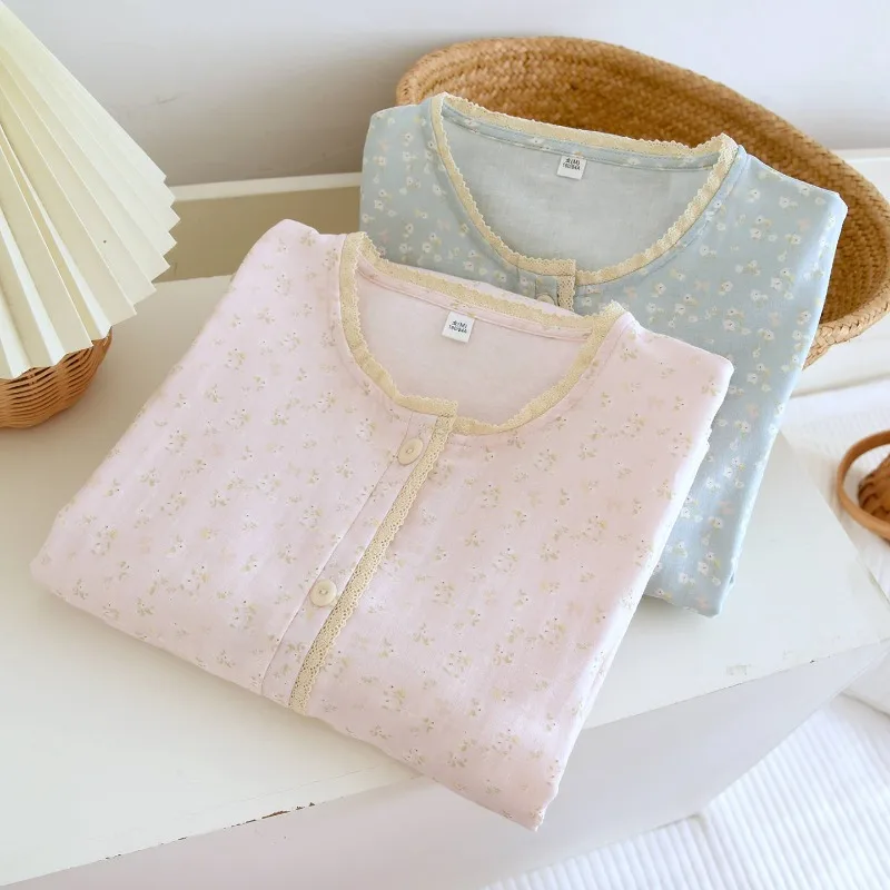 Women's Ultra-Soft 90% Pure Cotton Double Gauze Nightgown, Breathable Fresh Floral Long Sleeve Sleepshirt Loungewear Dress