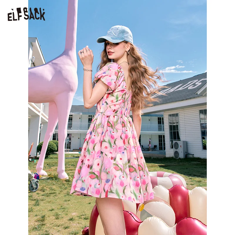 ELFSACK 2024 Summer New Arrivals French V-neck pink floral waist slimming princess dress for women