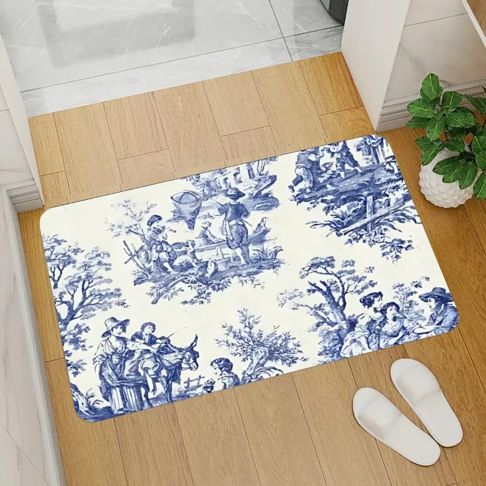 Custom Classic French Toile De Jouy Floor Mat Graphic Printed Flannel Doormats for Bathroom Kitchen Entrance Carpet Home Decor