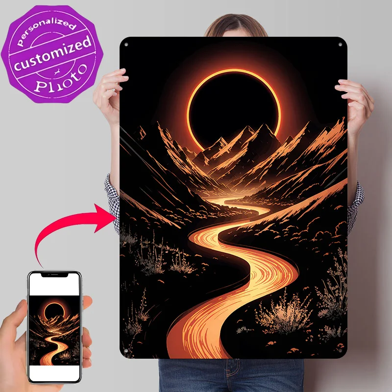 Orange River Through Mountains With Eclipse Poster Retro 3D Printed Metal Signs Customized Wall Hanging Gift for Decor Luxury