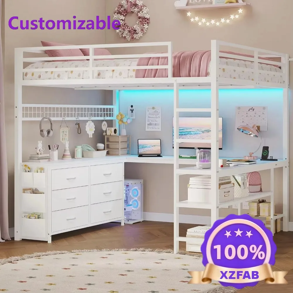 Factory Direct 2026 Space Saving Metal Loft Bed with Staircase L-Shaped Desk High Sleeper Sturdy Iron Frame Bunk Bed for Kids