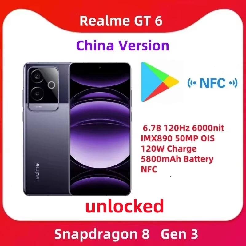 Unlocked realme GT 6 5G Smartphone Snapdragon 8 Gen 3 6.78'' 120Hz 6000nit Screen IMX890 50MP OIS 120W Charge 5800mAh Battery