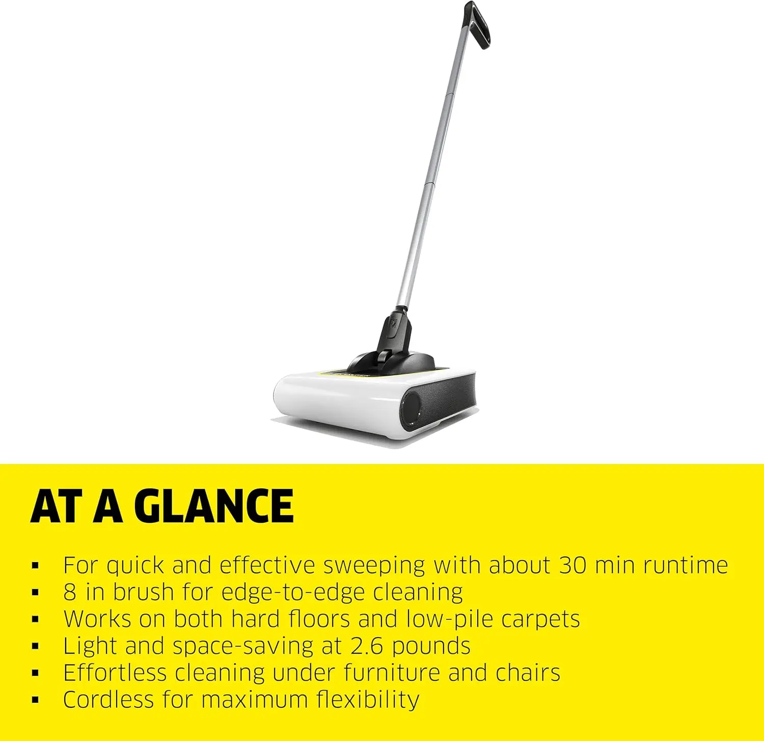 Kärcher KB 5 Electric Floor Sweeper Broom - Multi-Surface, Cordless, Ideal for Fur, Hair, Dirt, & Debris - 8.25" Width, White