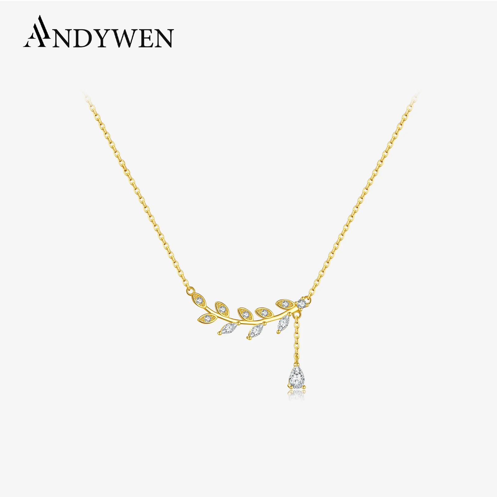 ANDYWEN 925 Sterling Silver Gold Leafs Zircon CZ Pendant Necklace Long Chain Women Drop Fine Jewelry 2023 Crystal Luxury Jewelry