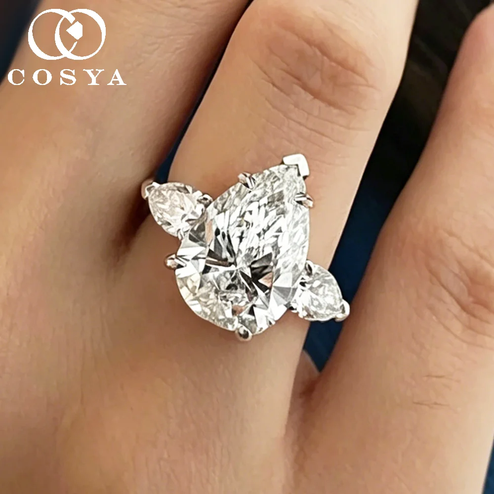 COSYA 8cttw Pear Cut Moissanite 3 Stone Ring for Women S925 Silver D Color Waterdrop Wedding Band Luxury Engagement Fine Jewelry