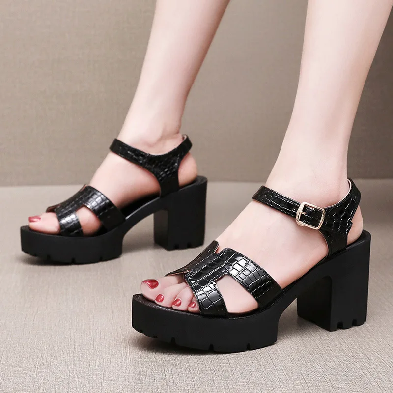 Women  8CM Platform Peep Toe Sandals Chunky Heel Non-Slip White Leather Shoes for Moms Waterproof  Dress Sandals Size 33-43