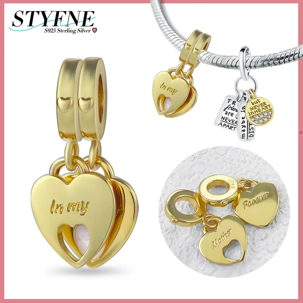 925 Sterling Silver New Golden Heart-to-heart Charm Sweet Parent-child for Women Couple Diy Original Bracelet Jewelry Gift