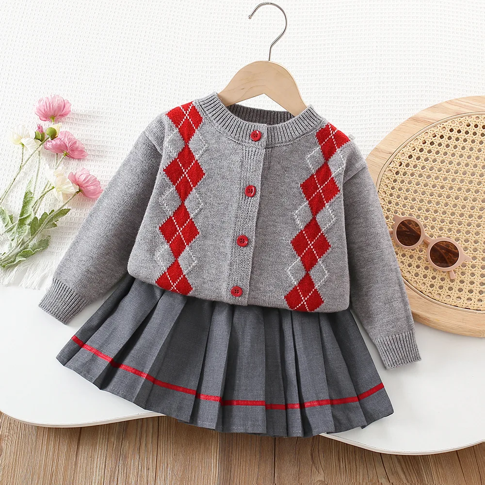 Autumn Winter Children Girls Two-piece Clothes Set Cotton Argyle Contrast Kids Girls Sweater Cardigan Suits Loose Pleated Skirts